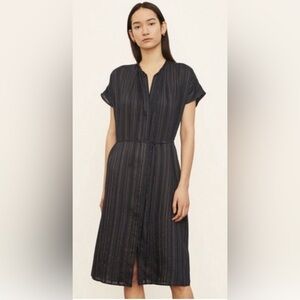 Vince Navy Blue and White Short Sleeve Drapey Stripe Shirred Dress - Size Medium